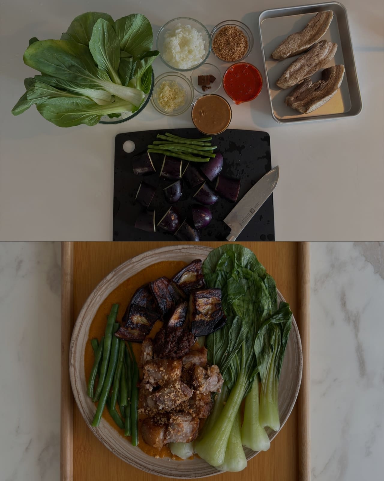 Home-cooked kare-kare: fresh ingredients laid out, and the finished plate with crispy pork and vegetables